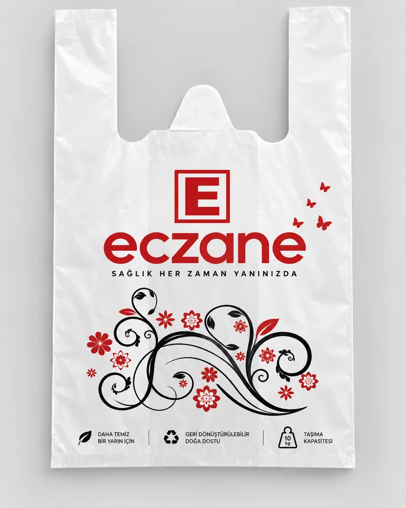 Atlet eczane poşeti 25×40 cm, askılı saplı, kırmızı eczane baskılı, Karasu Eczane Poşet