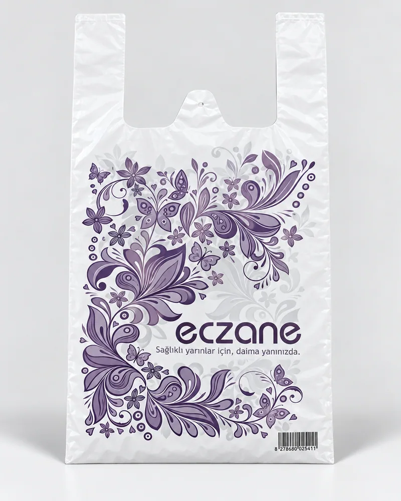 Büyük boy atlet eczane poşeti 30×60 cm, mor çiçek motifli, çocuk bezi ve süt için, Karasu Eczane Poşet