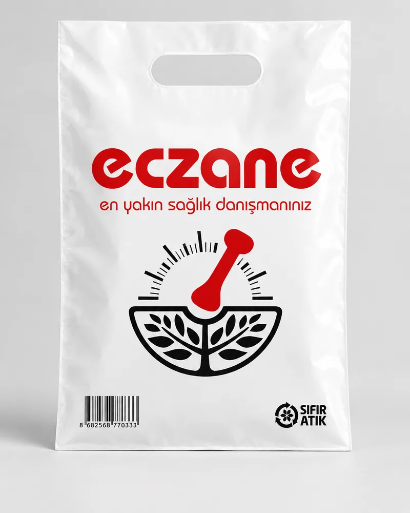 No-2 22×33 cm el geçme eczane poşeti, havan motifli kırmızı baskı, Karasu Eczane Poşet