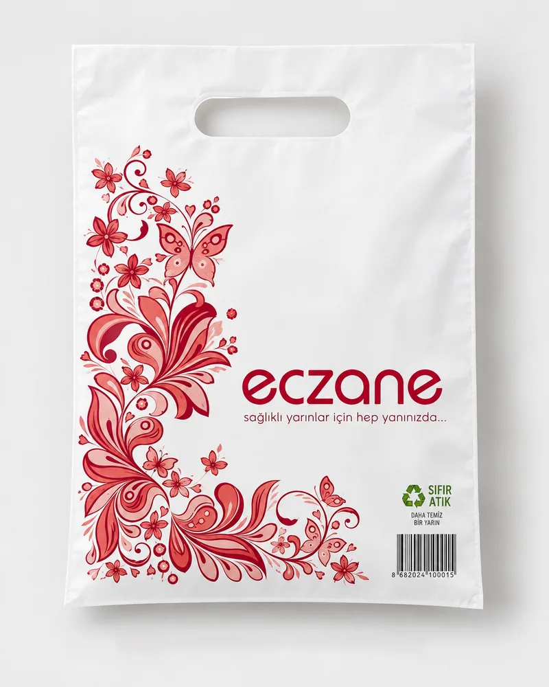 No-3 25×35 cm el geçme eczane poşeti, çiçek motifli kırmızı baskı, Karasu Eczane Poşet